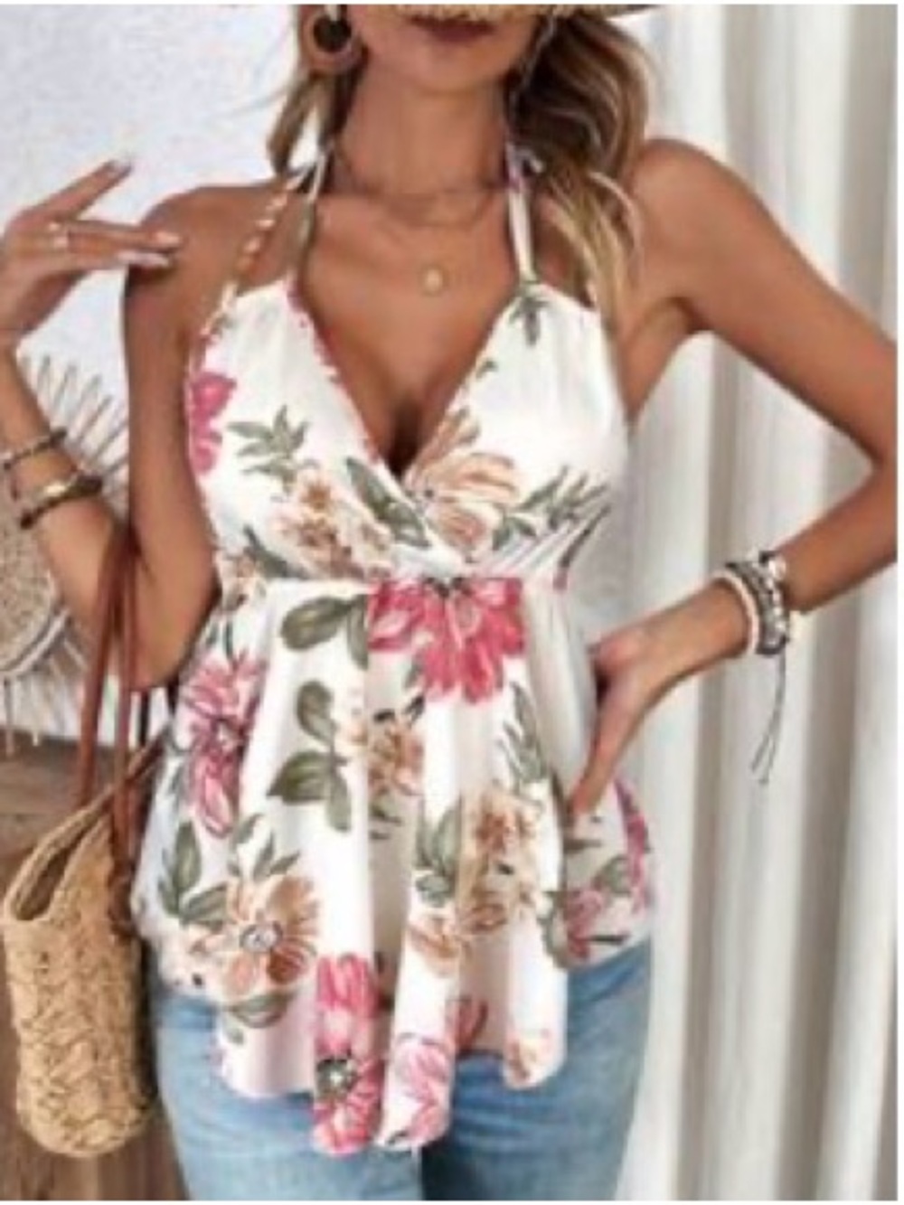 White Floral Tie-Strap V-Neck Cami Top - Pink & Green
